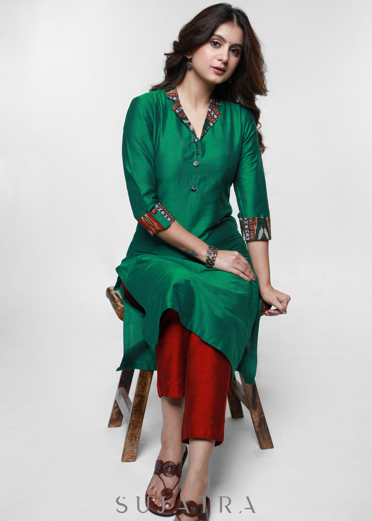Green Cotton Silk Kurta with Ikat Collar-Pant Optional