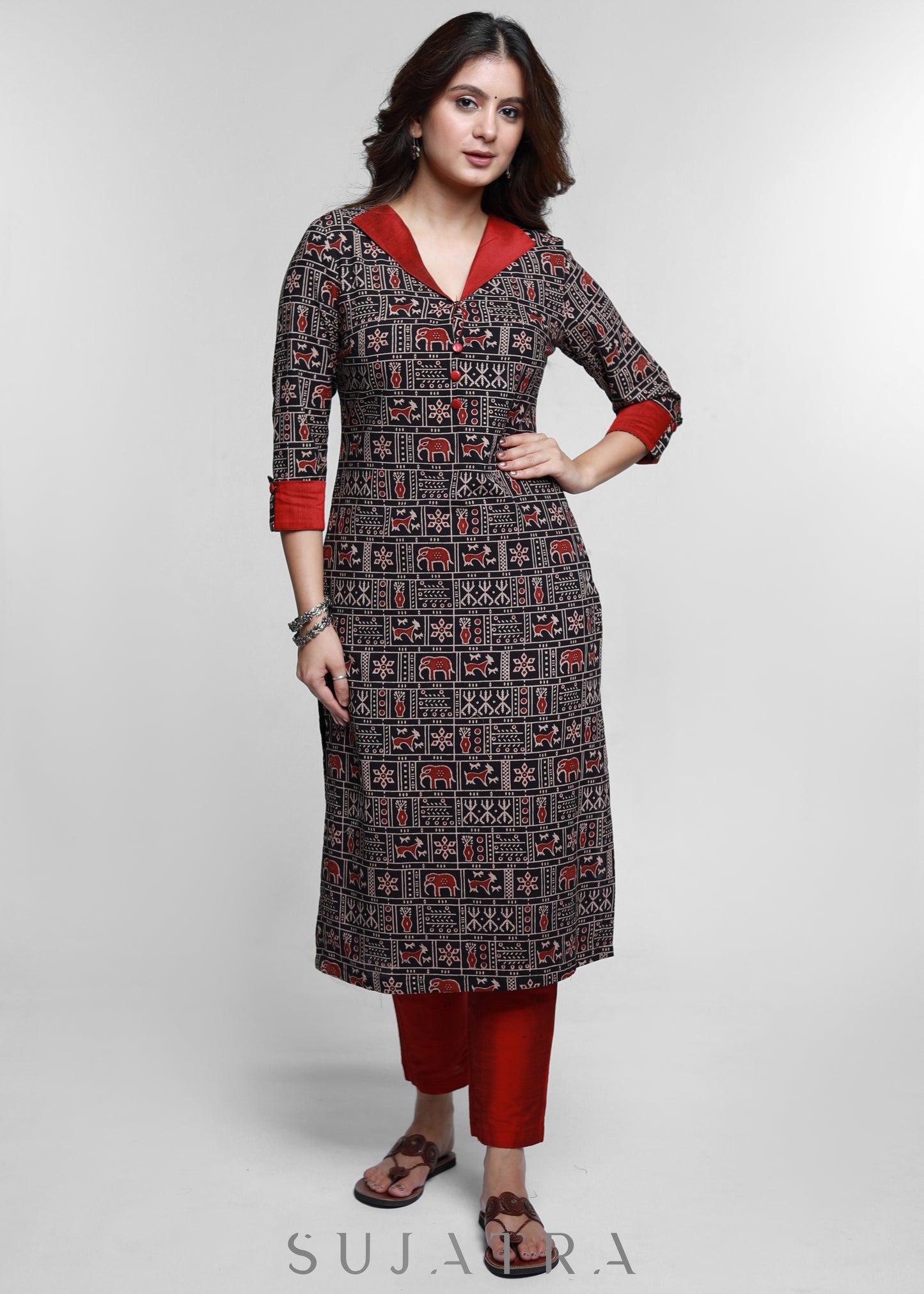Ajrakh Cotton Kurta With Stylish Collar-Pant Optional