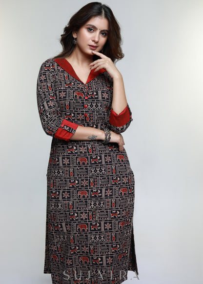 Ajrakh Cotton Kurta With Stylish Collar-Pant Optional