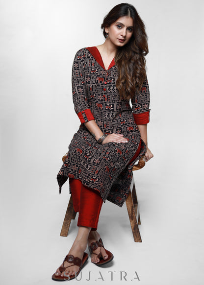 Ajrakh Cotton Kurta With Stylish Collar-Pant Optional