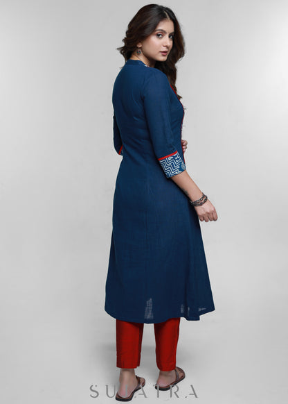 Navy Blue Cotton Kurta With Indigo Patchwork-Pant Optional