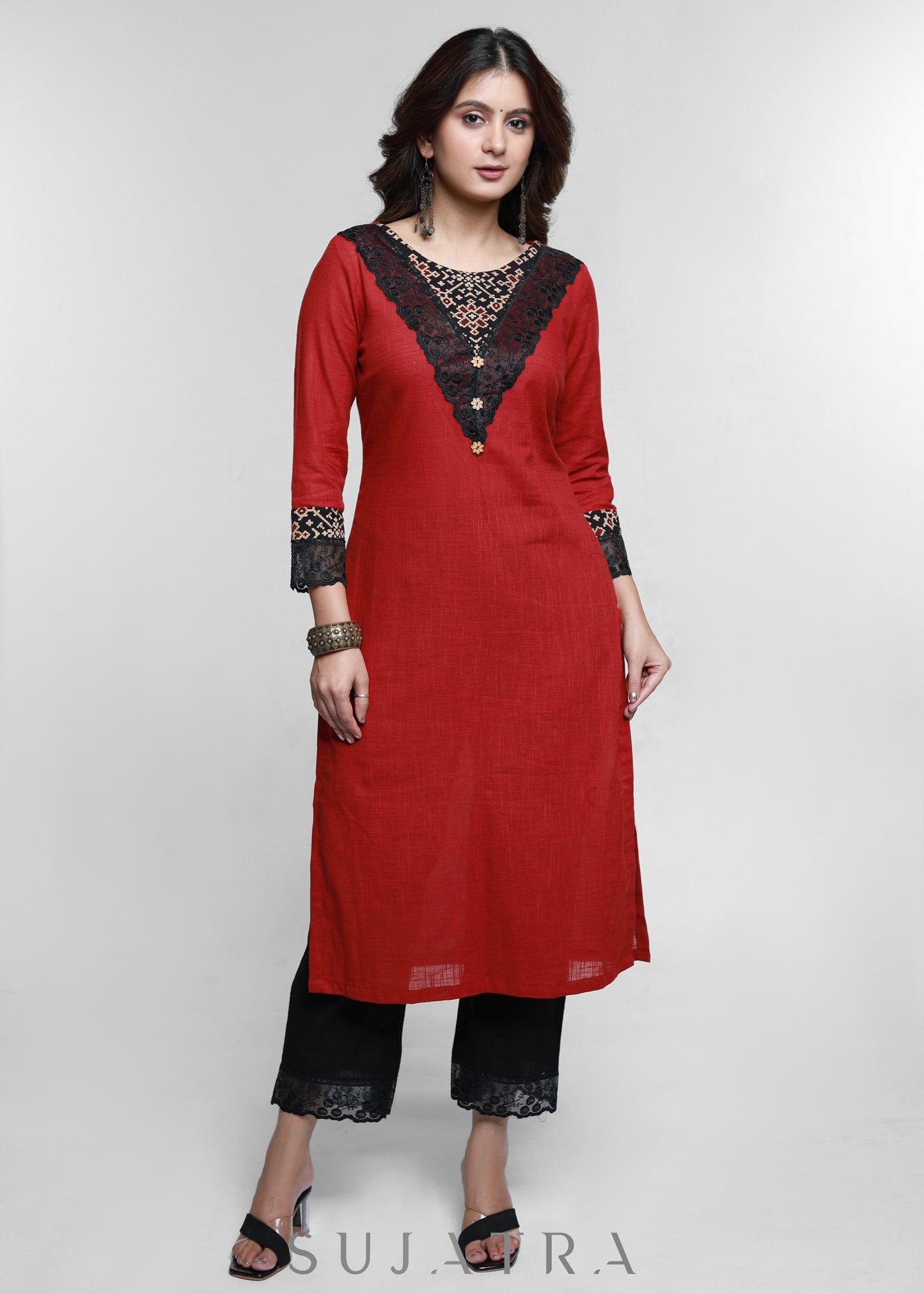 Maroon Cotton Ajrakh Combination Kurta-Pant Optional