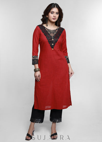 Maroon Cotton Ajrakh Combination Kurta-Pant Optional