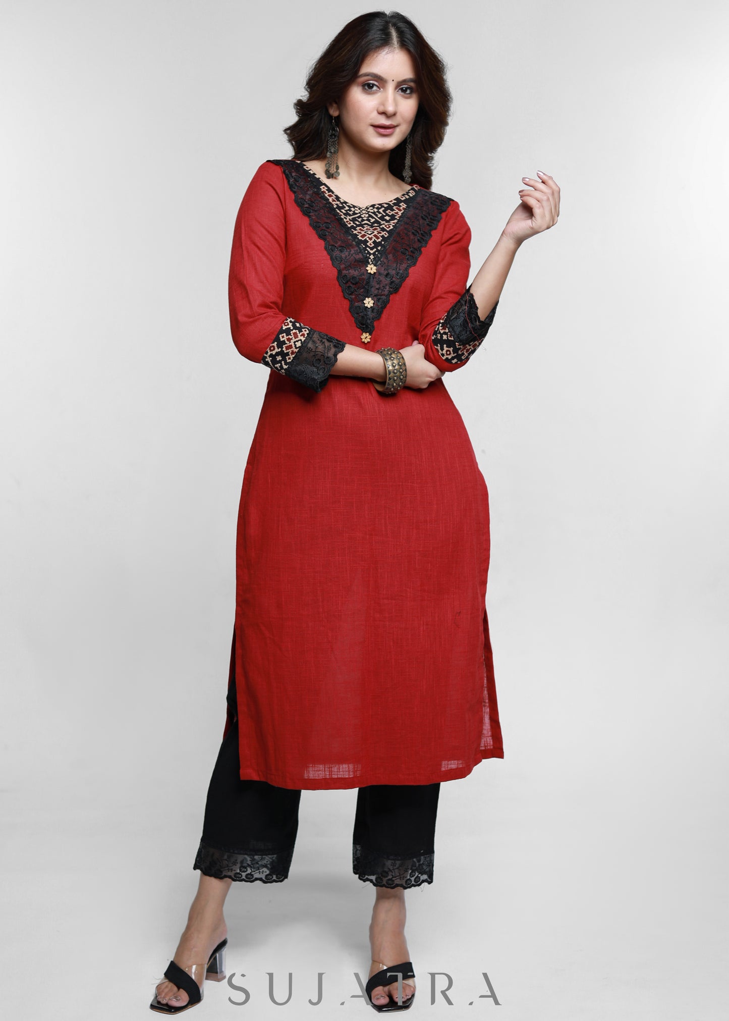 Maroon Cotton Ajrakh Combination Kurta-Pant Optional