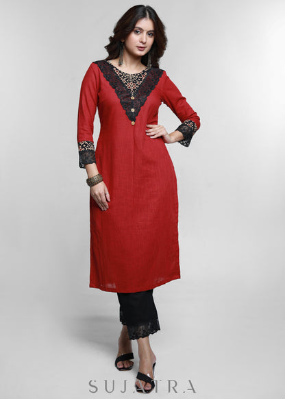 Maroon Cotton Ajrakh Combination Kurta-Pant Optional