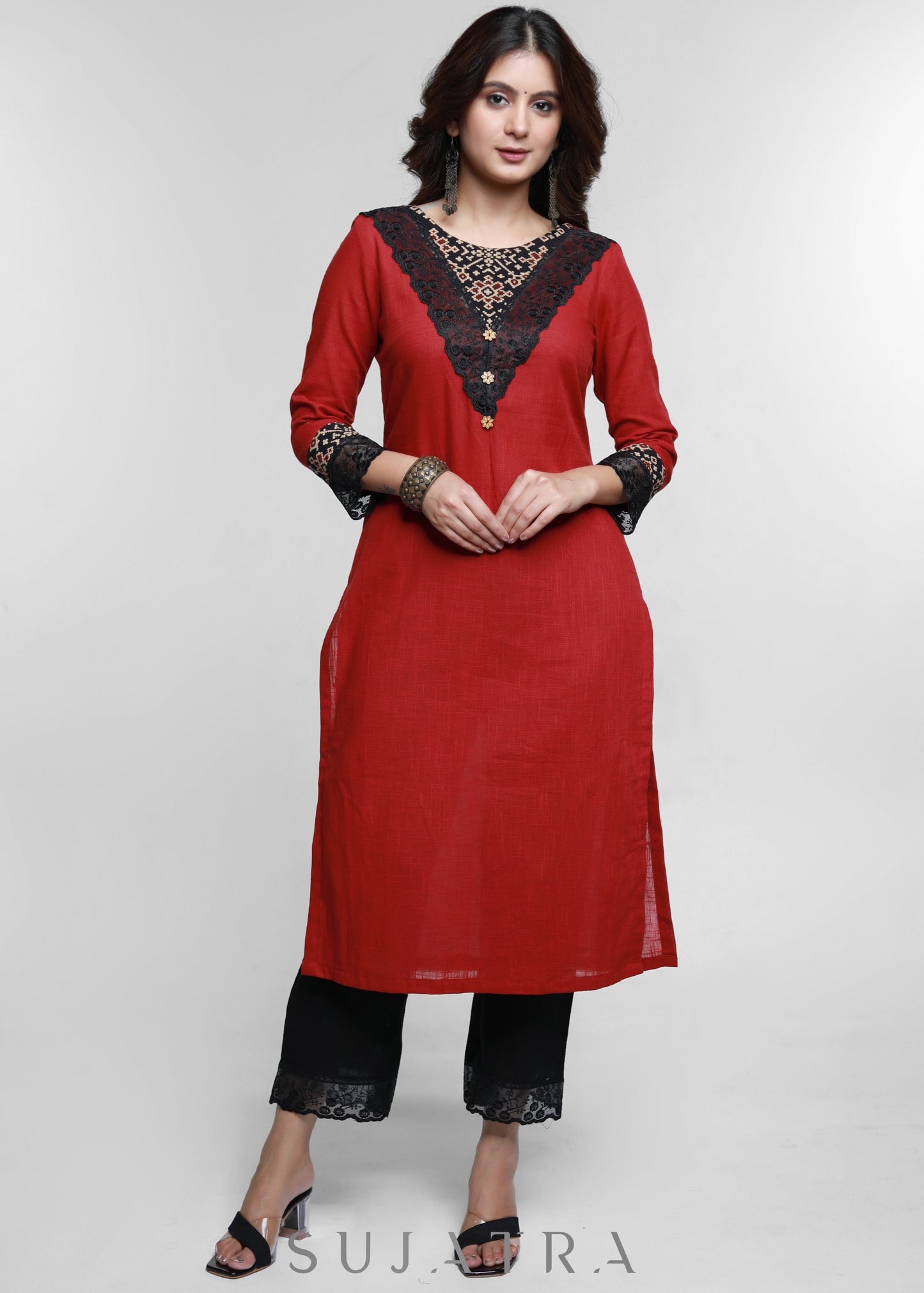 Maroon Cotton Ajrakh Combination Kurta-Pant Optional