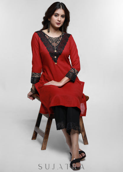 Maroon Cotton Ajrakh Combination Kurta-Pant Optional