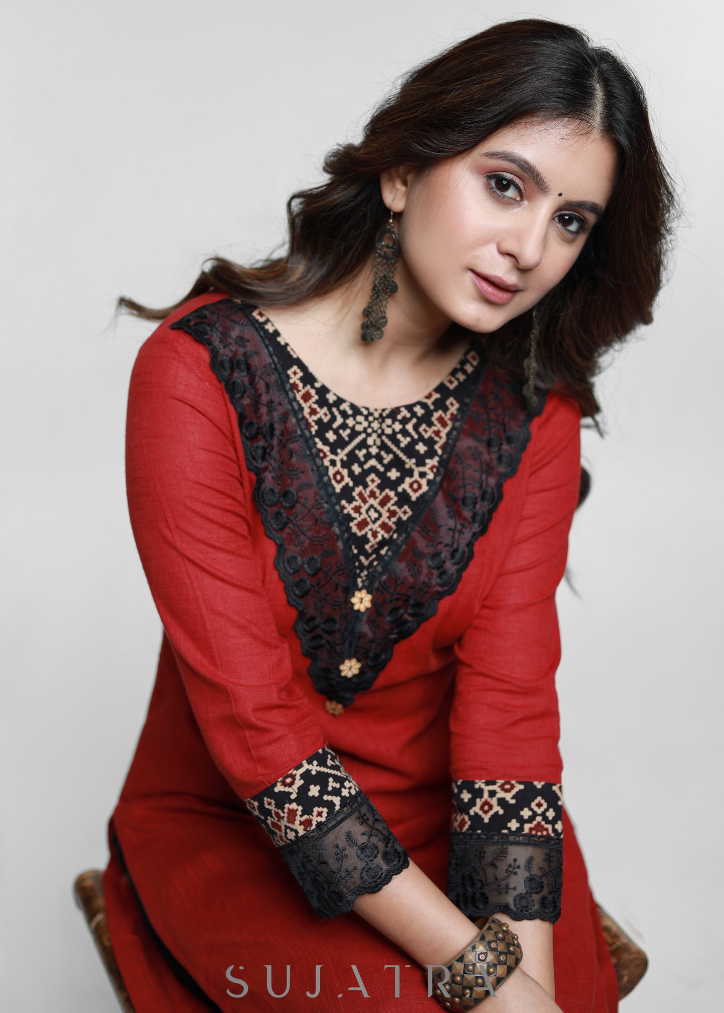 Maroon Cotton Ajrakh Combination Kurta-Pant Optional