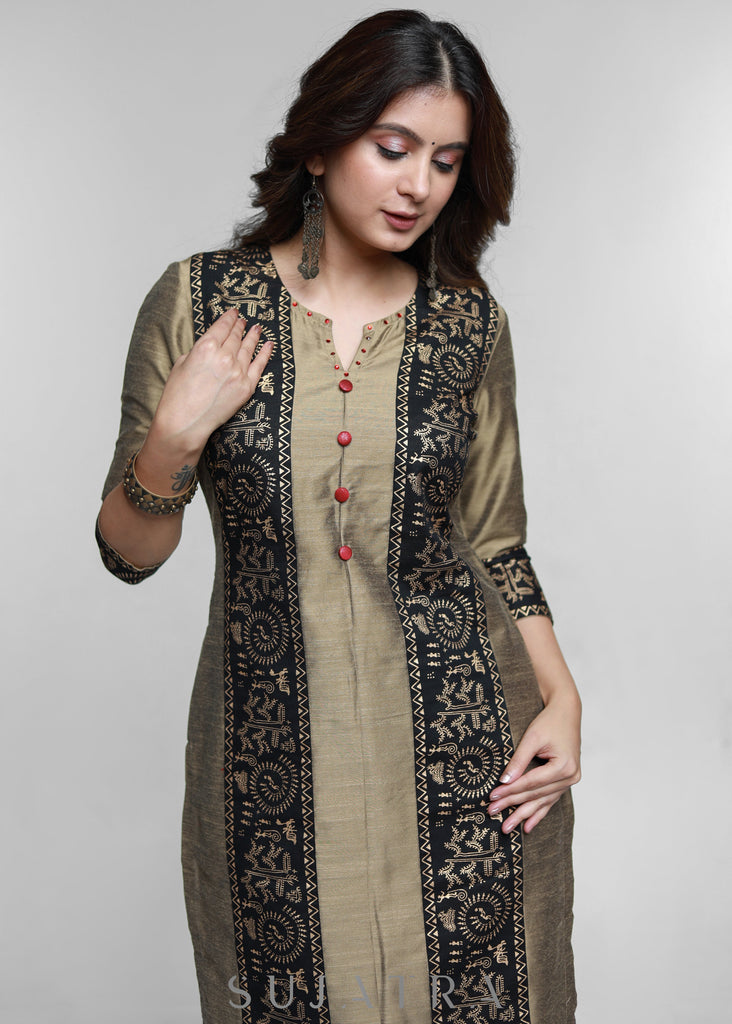 Dark Beige Cotton Silk Kurta with Warli print-Pant Optional