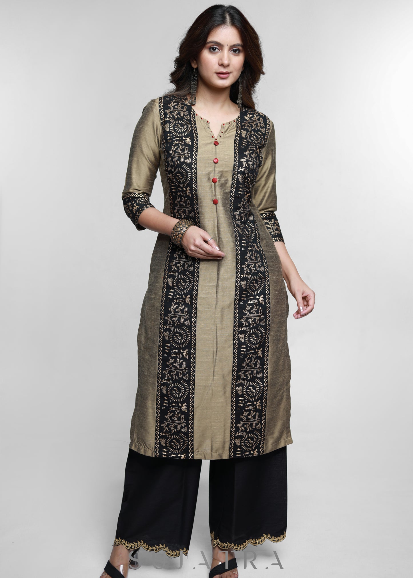 Dark Beige Cotton Silk Kurta with Warli print-Pant Optional