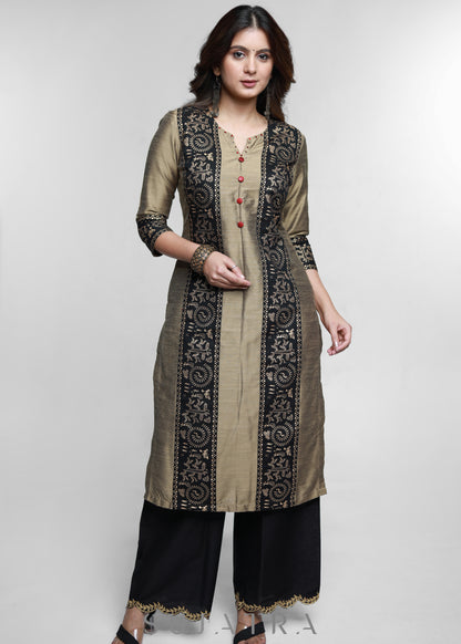 Dark Beige Cotton Silk Kurta with Warli print-Pant Optional