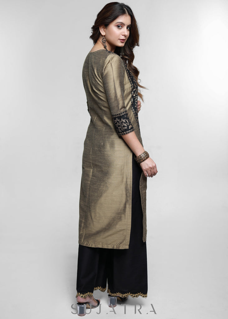 Dark Beige Cotton Silk Kurta with Warli print-Pant Optional