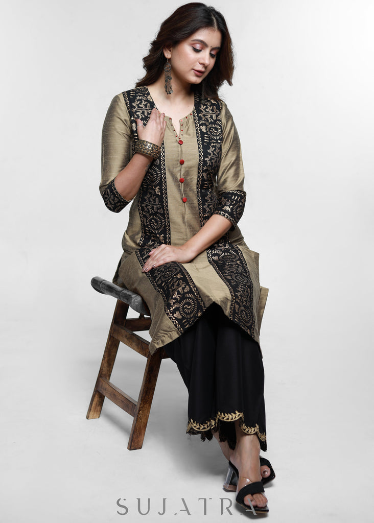 Dark Beige Cotton Silk Kurta with Warli print-Pant Optional