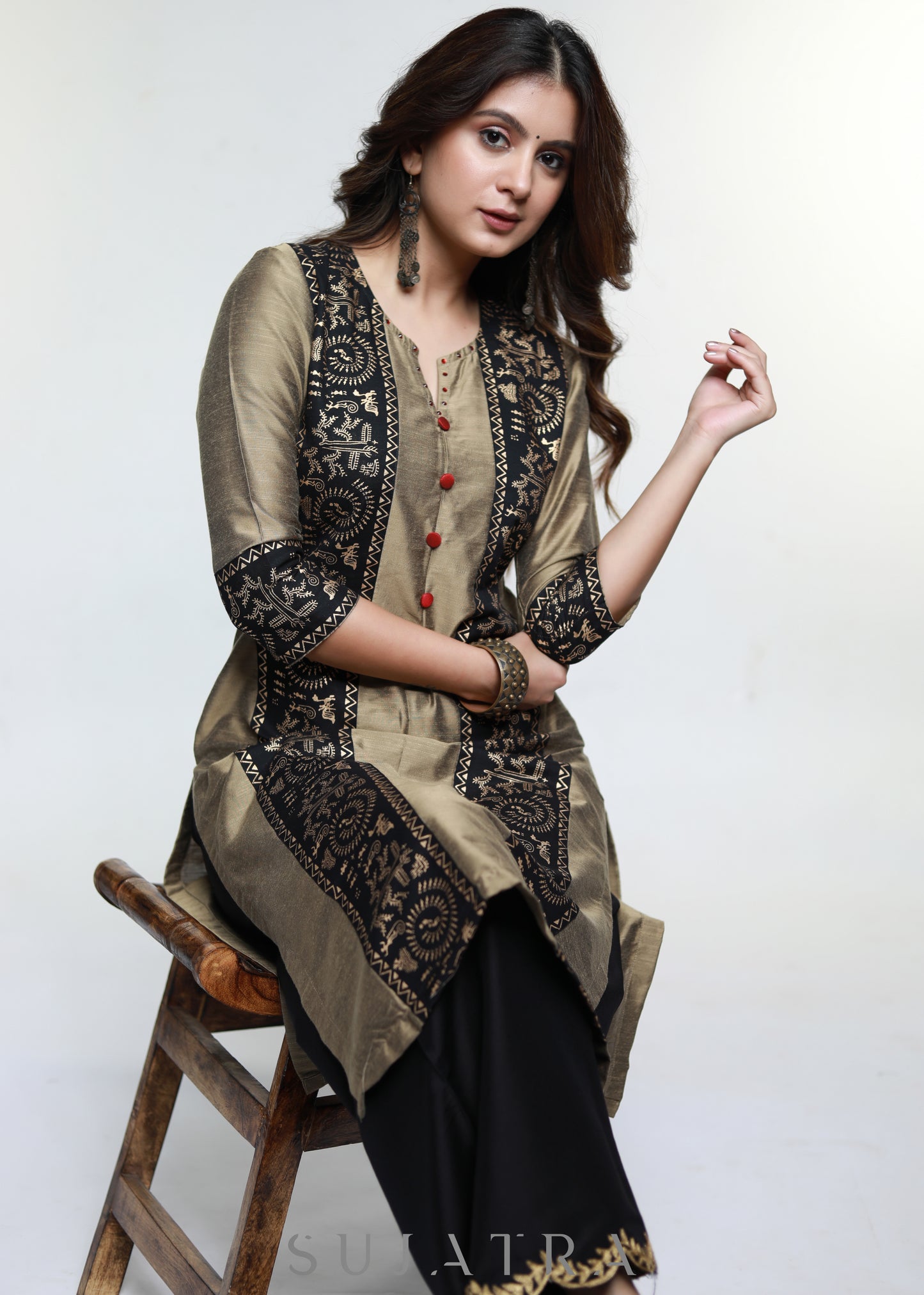 Dark Beige Cotton Silk Kurta with Warli print-Pant Optional