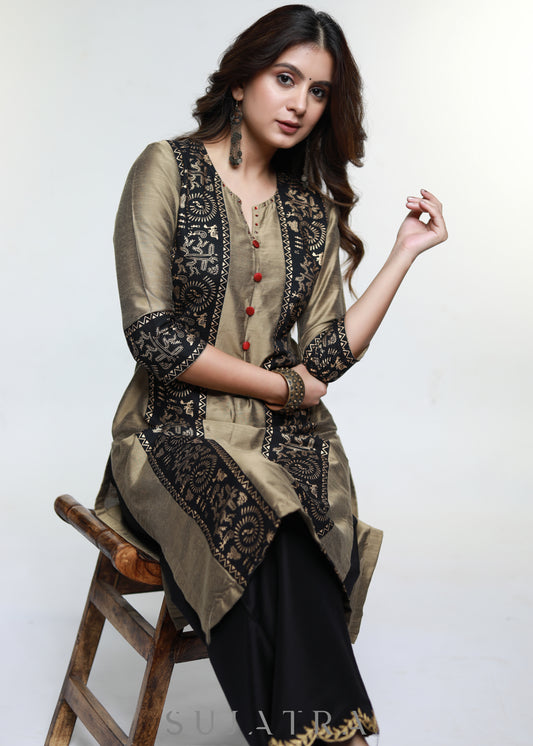 Dark Beige Cotton Silk Kurta with Warli print-Pant Optional