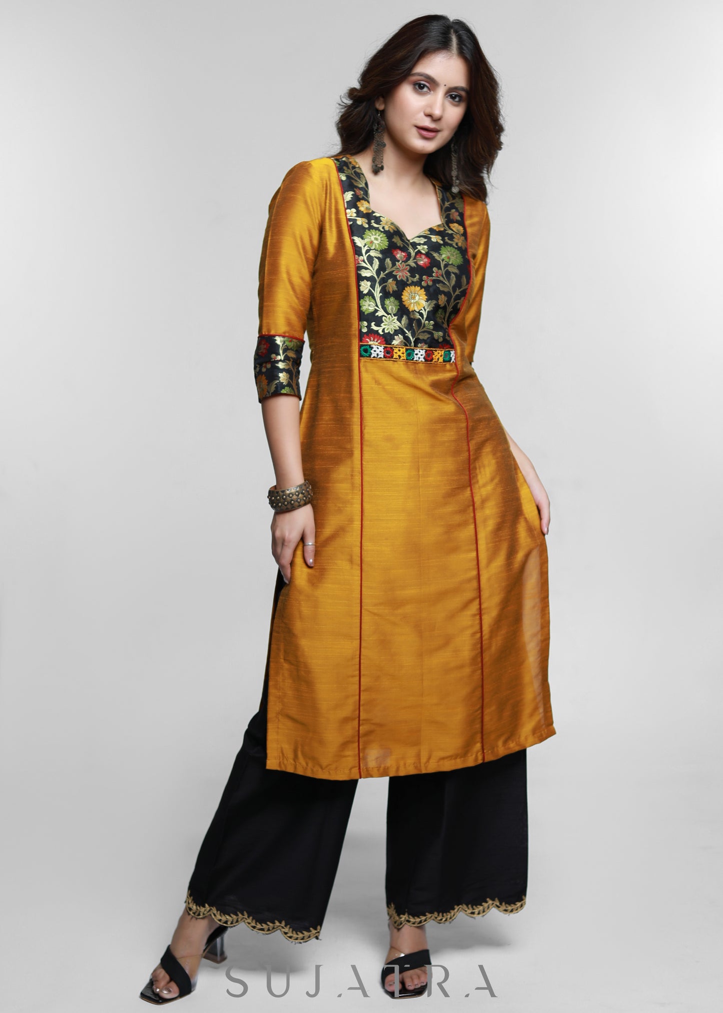 Mustard Cotton Silk Kurta with Brocade Yoke-Pant Optional
