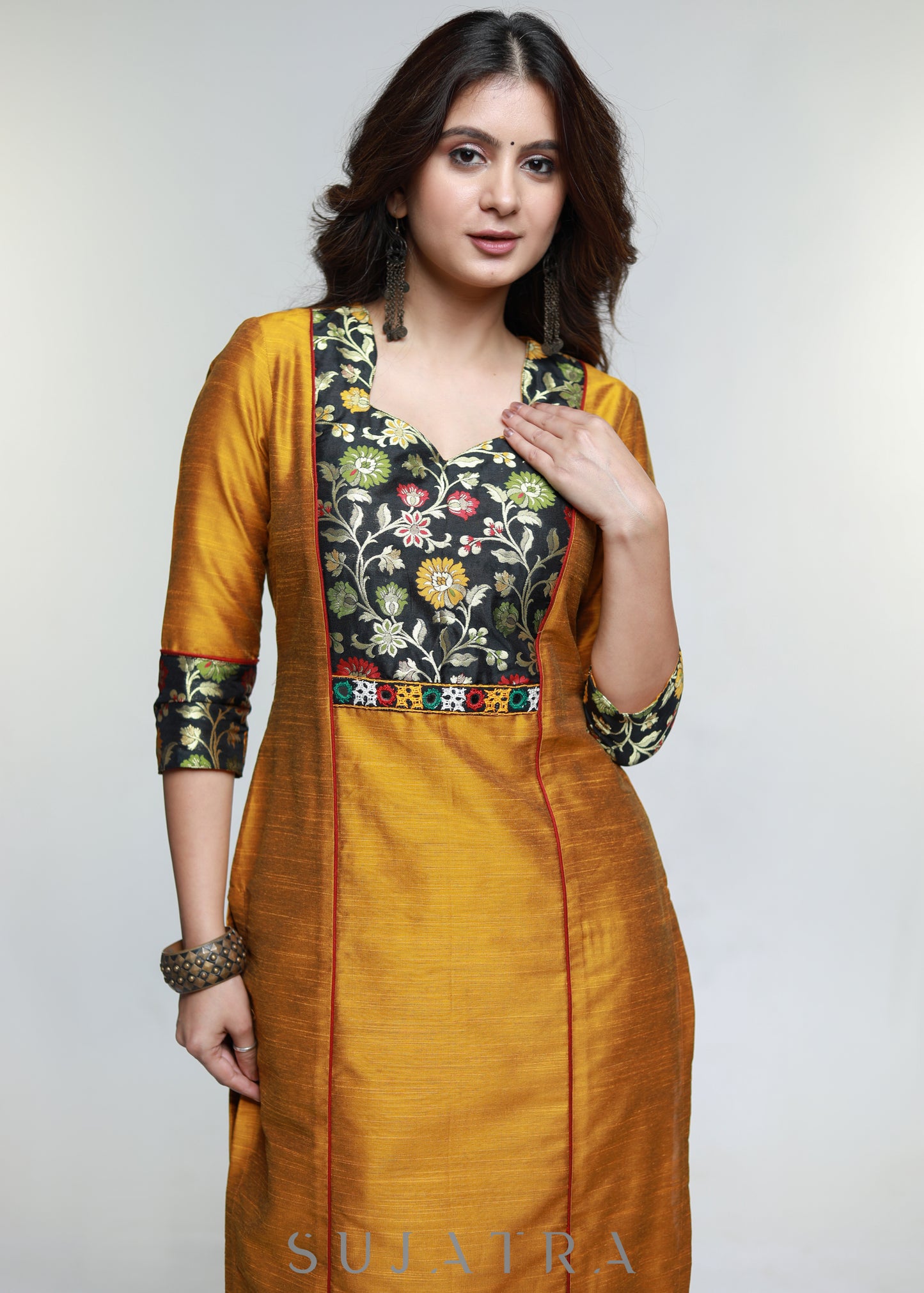 Mustard Cotton Silk Kurta with Brocade Yoke-Pant Optional