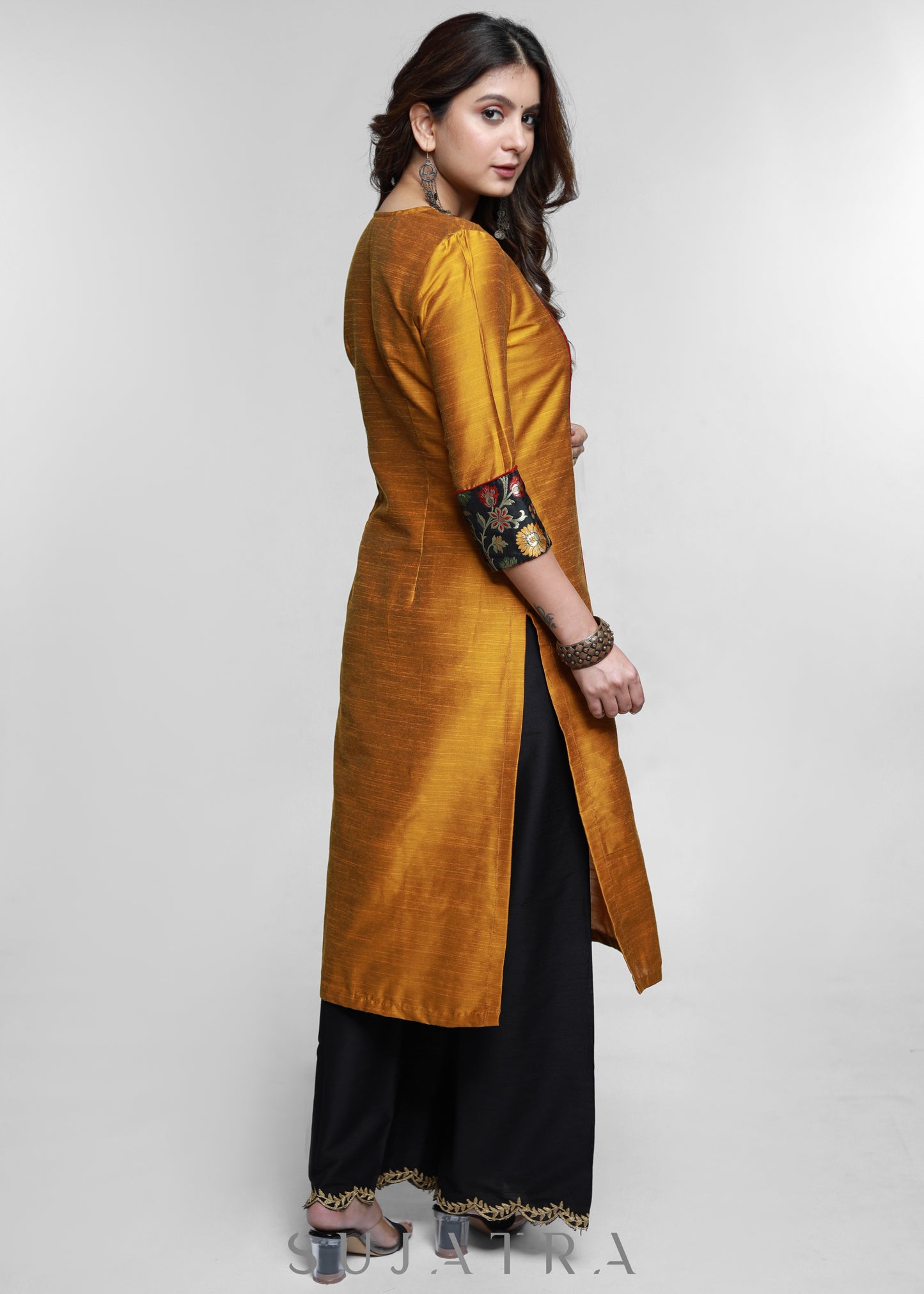 Mustard Cotton Silk Kurta with Brocade Yoke-Pant Optional