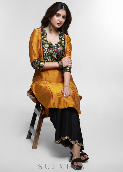 Mustard Cotton Silk Kurta with Brocade Yoke-Pant Optional