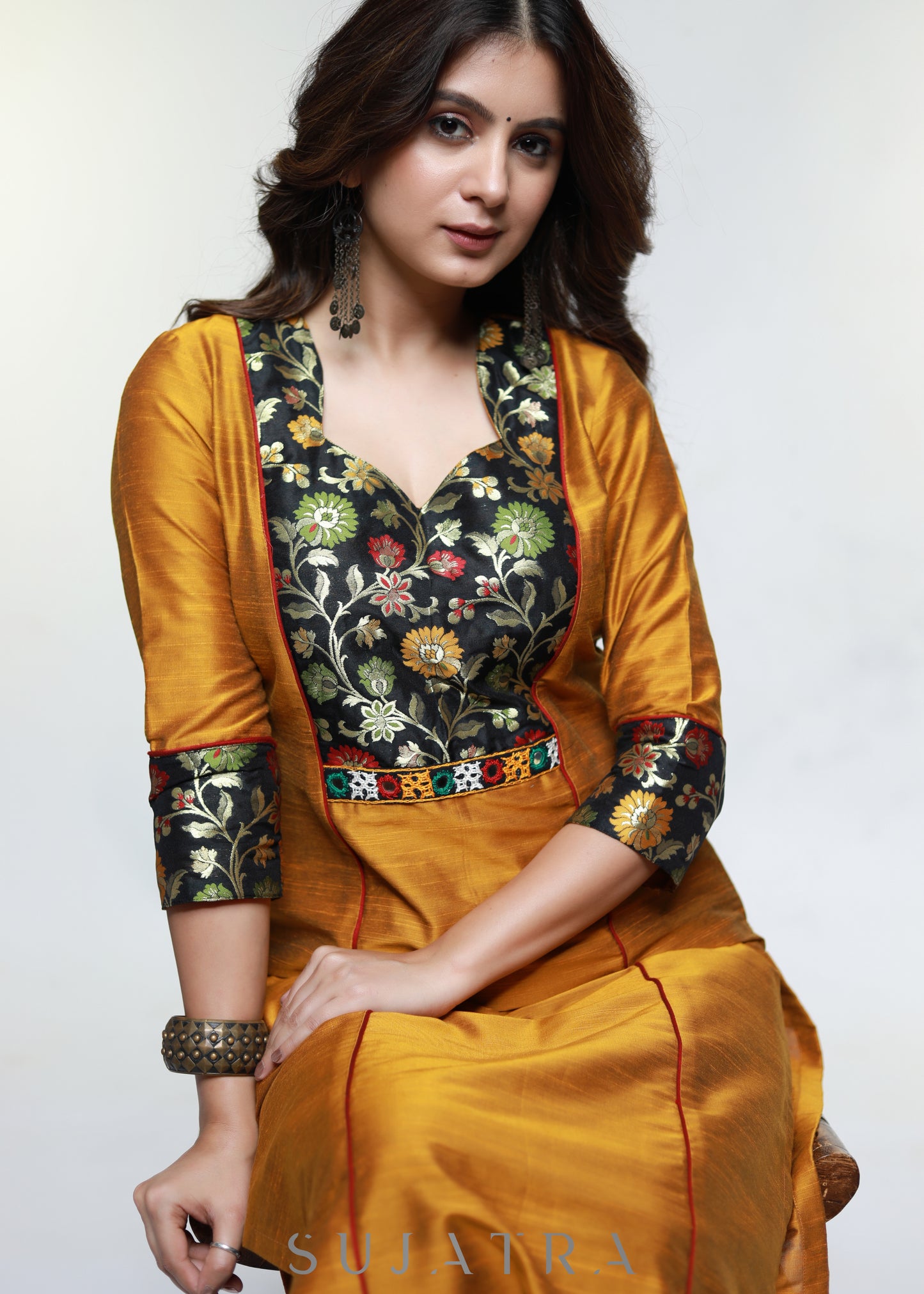 Mustard Cotton Silk Kurta with Brocade Yoke-Pant Optional