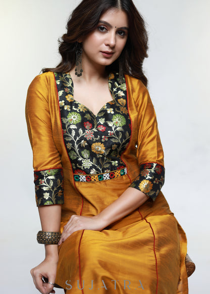 Mustard Cotton Silk Kurta with Brocade Yoke-Pant Optional