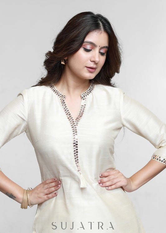 Off White Cotton Silk Kurta with Lace Placke-Pant Optional
