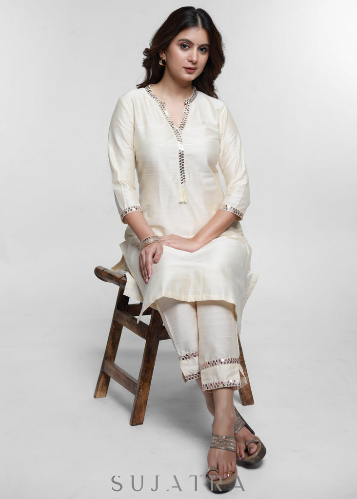 Off White Cotton Silk Kurta with Lace Placke-Pant Optional