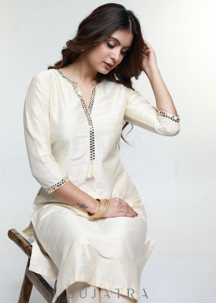 Off White Cotton Silk Kurta with Lace Placke-Pant Optional