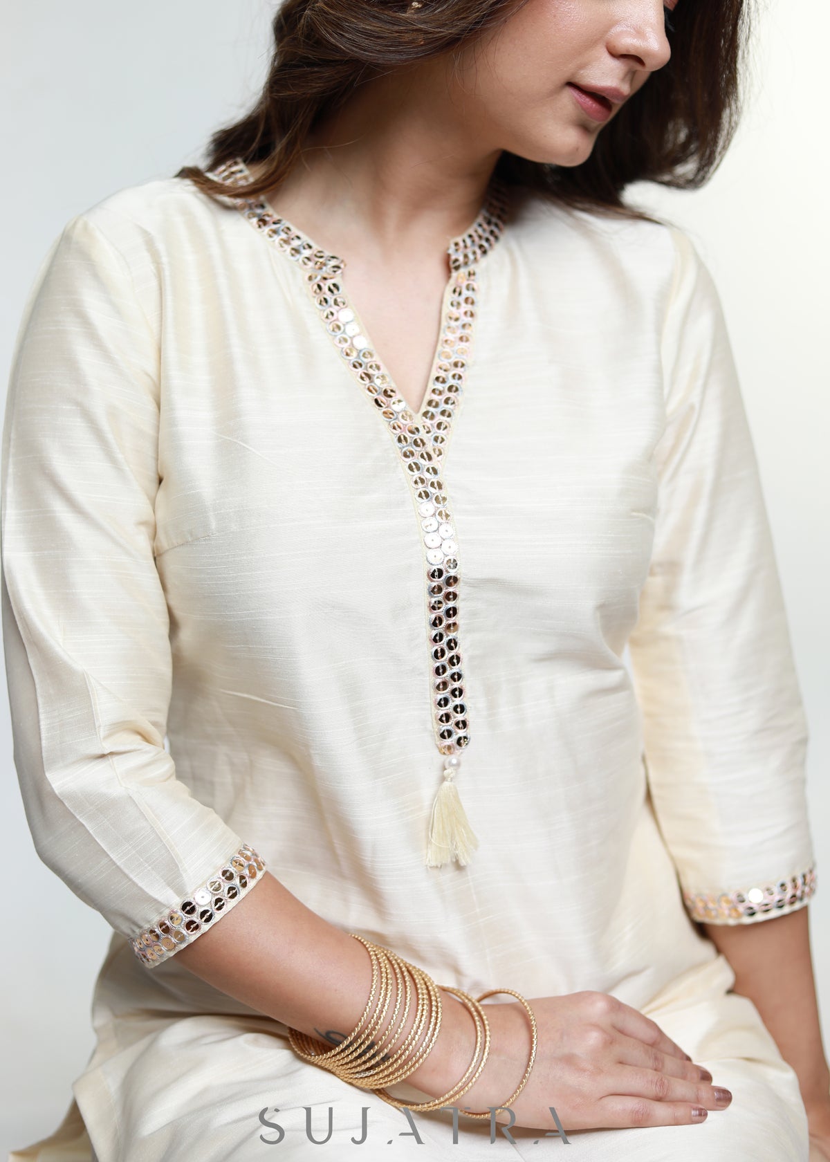 Off White Cotton Silk Kurta with Lace Placke-Pant Optional