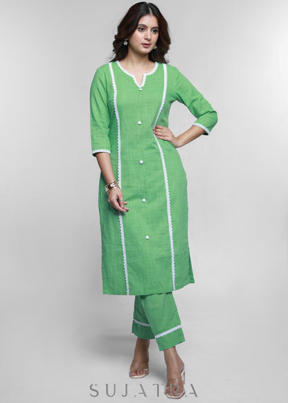 Pista Colour Cotton Kurta with Laces-Pant Optional