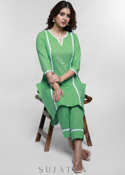 Pista Colour Cotton Kurta with Laces-Pant Optional