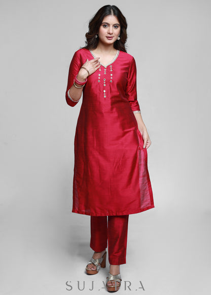 Magenta Cotton Silk Kurta With Handwork-Pant Optional