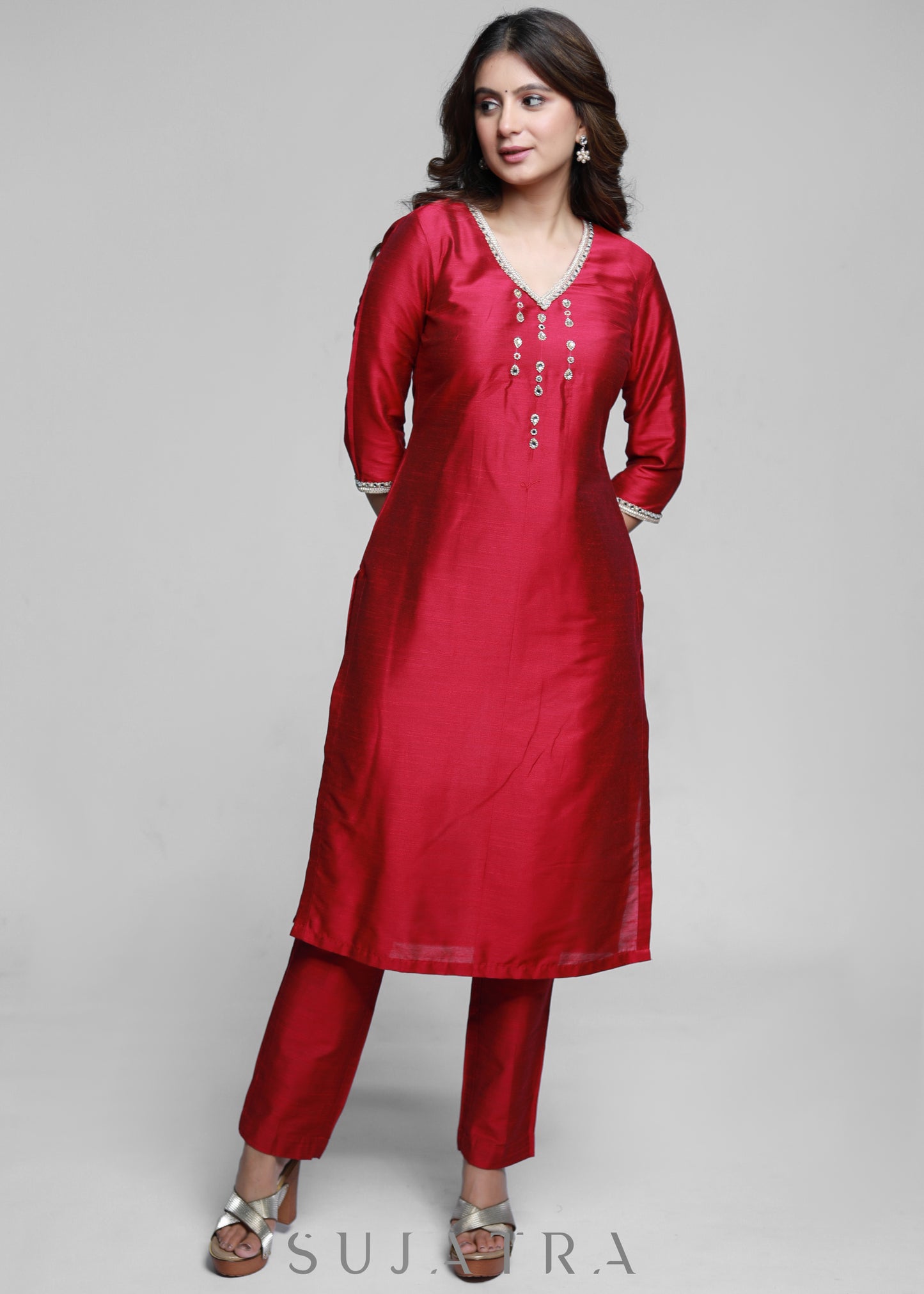 Magenta Cotton Silk Kurta With Handwork-Pant Optional