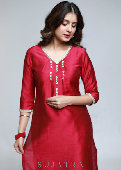 Magenta Cotton Silk Kurta With Handwork-Pant Optional