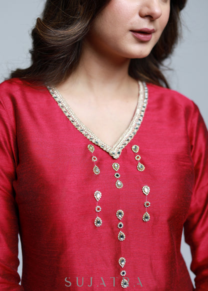 Magenta Cotton Silk Kurta With Handwork-Pant Optional