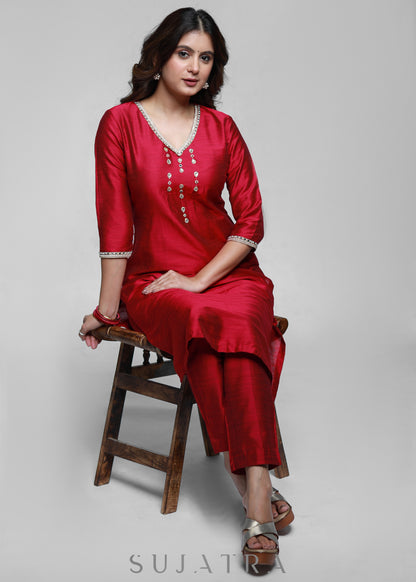 Magenta Cotton Silk Kurta With Handwork-Pant Optional