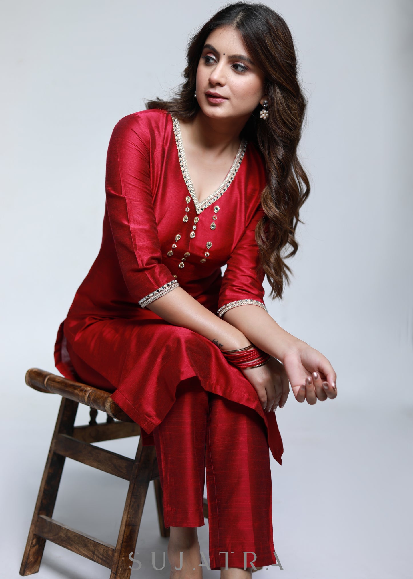 Magenta Cotton Silk Kurta With Handwork-Pant Optional