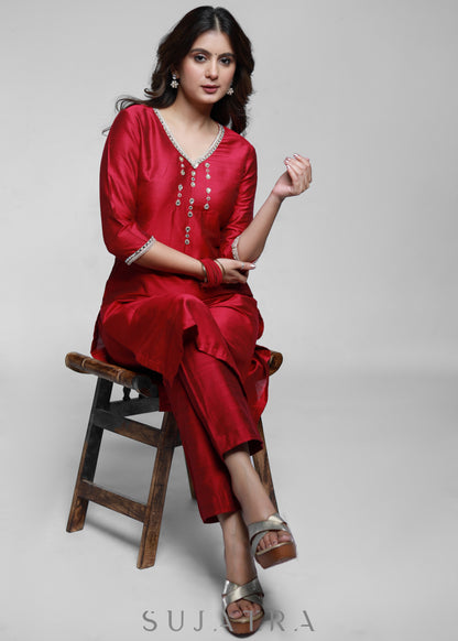 Magenta Cotton Silk Kurta With Handwork-Pant Optional