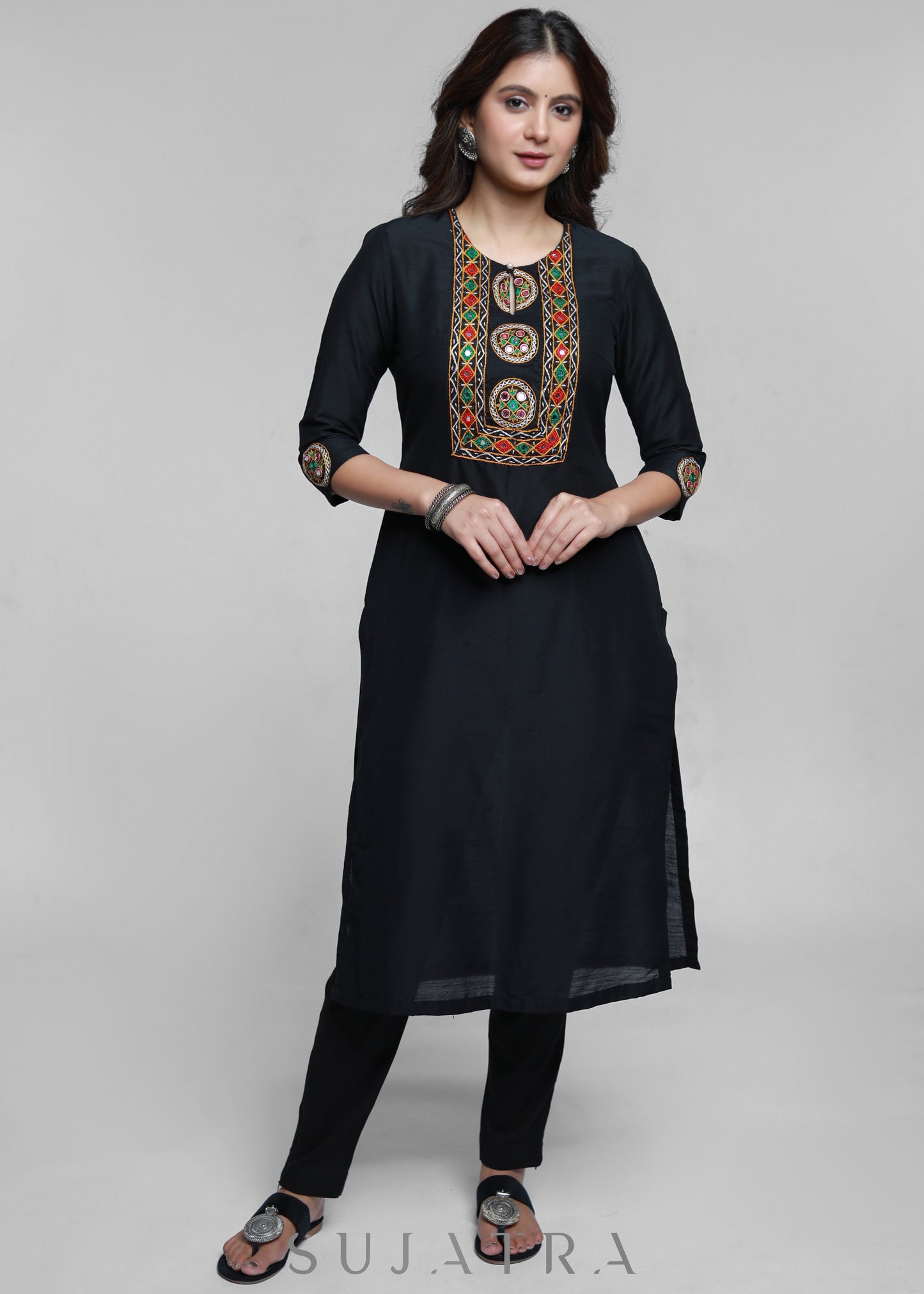 Kutch Hand Mirror Work Black Cotton Silk Kurta-Pant Optional