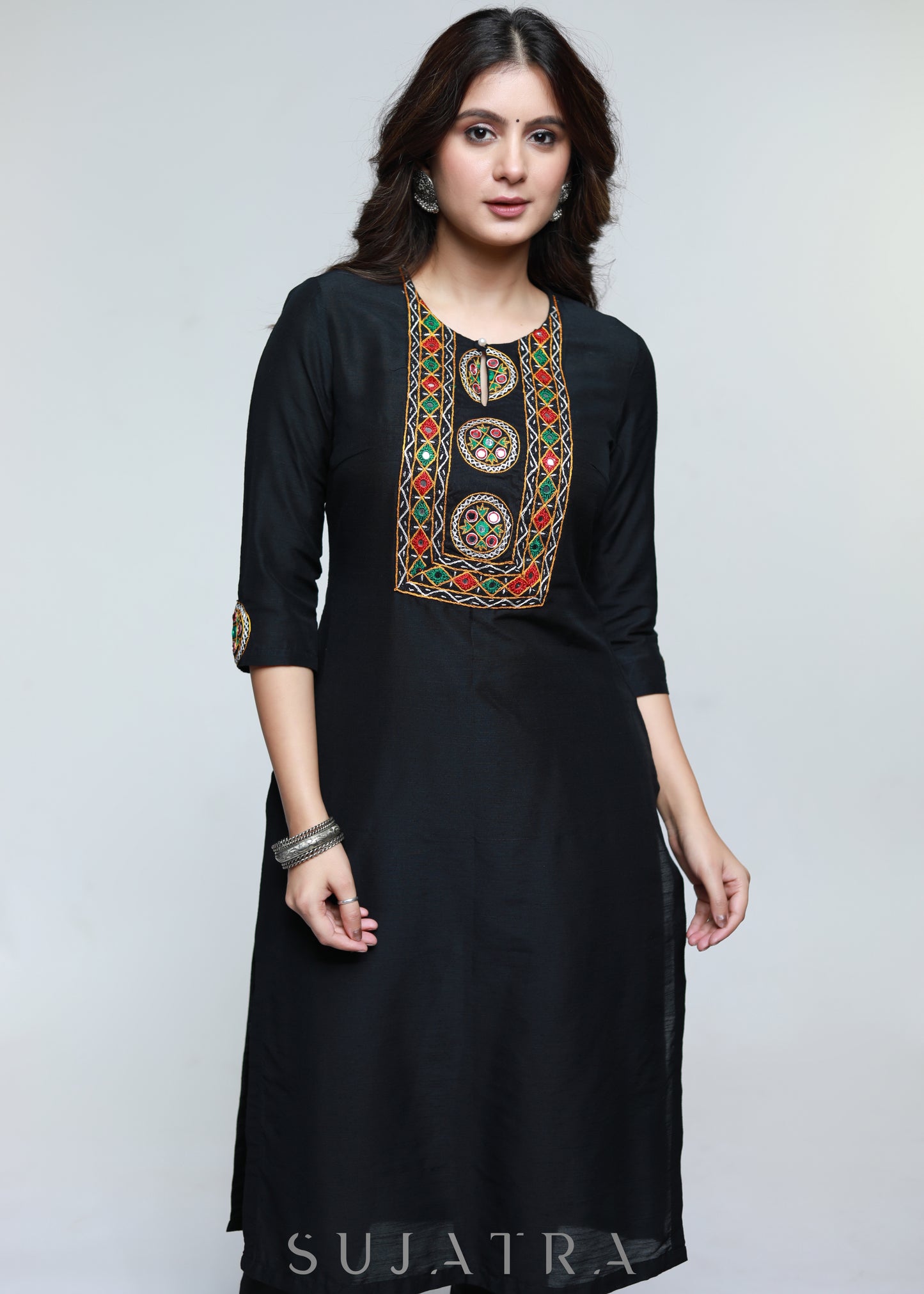 Kutch Hand Mirror Work Black Cotton Silk Kurta-Pant Optional