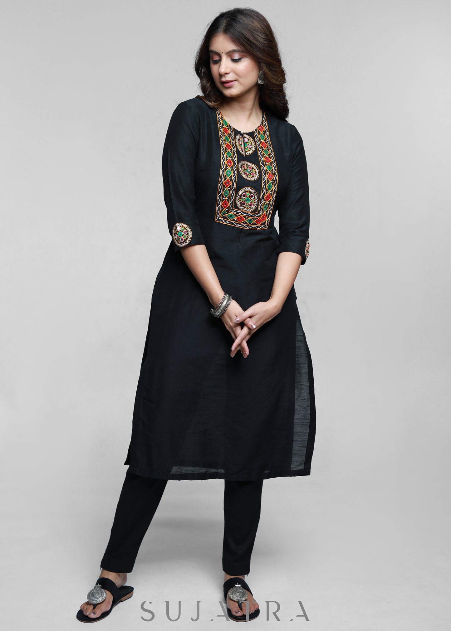 Kutch Hand Mirror Work Black Cotton Silk Kurta-Pant Optional