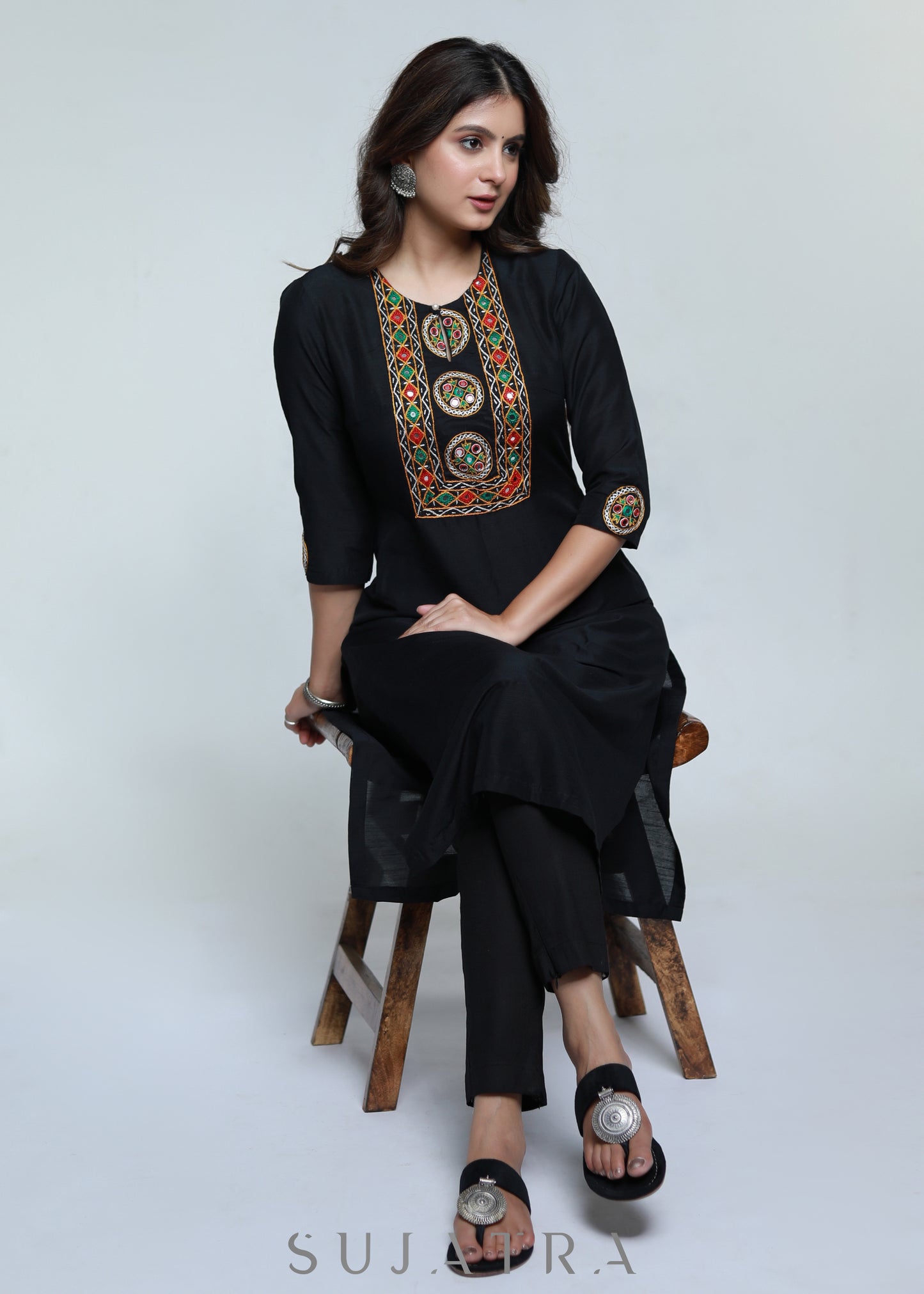 Kutch Hand Mirror Work Black Cotton Silk Kurta-Pant Optional