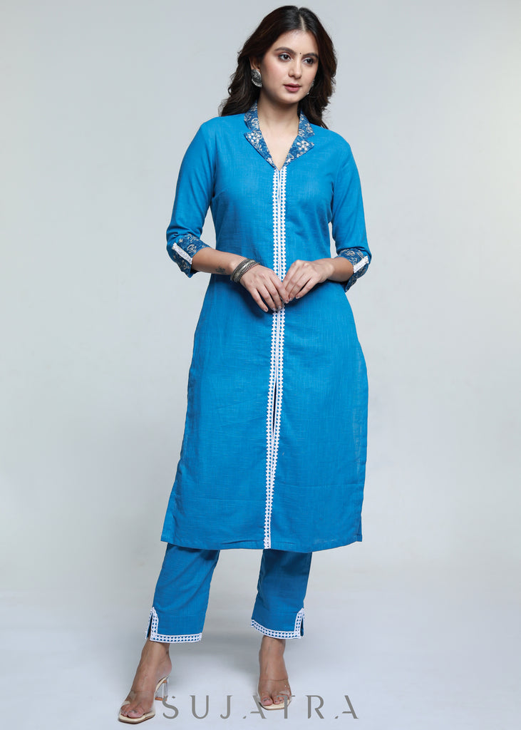 Powder Blue Colour Cotton Laced Kurta-Pant Optional