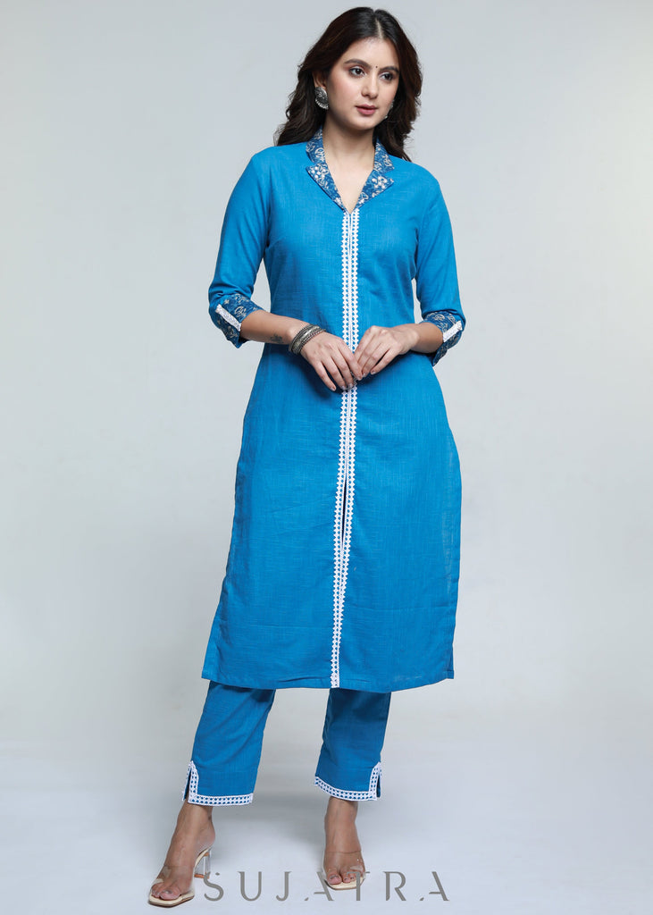 Powder Blue Colour Cotton Laced Kurta-Pant Optional
