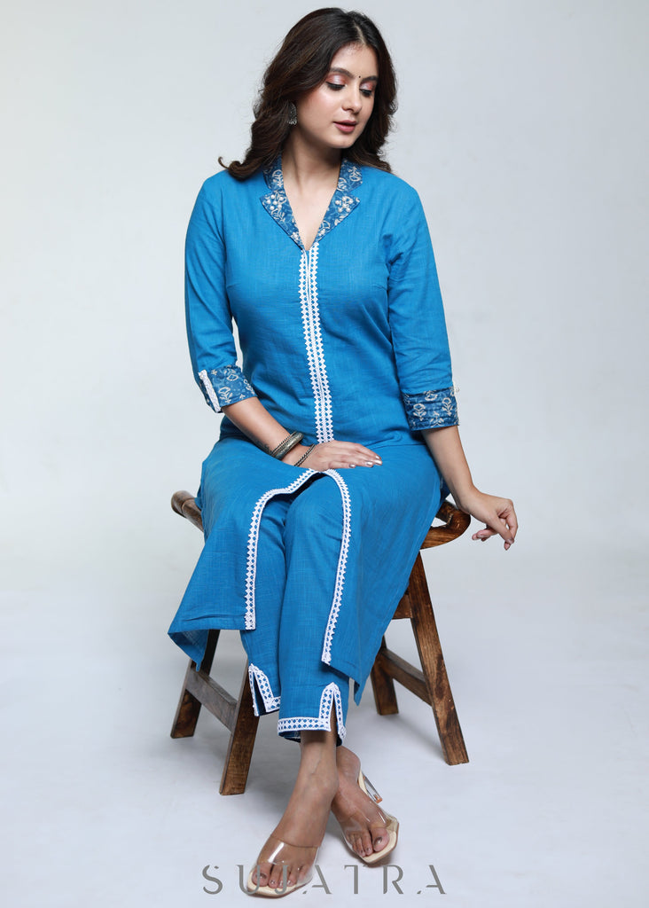 Powder Blue Colour Cotton Laced Kurta-Pant Optional
