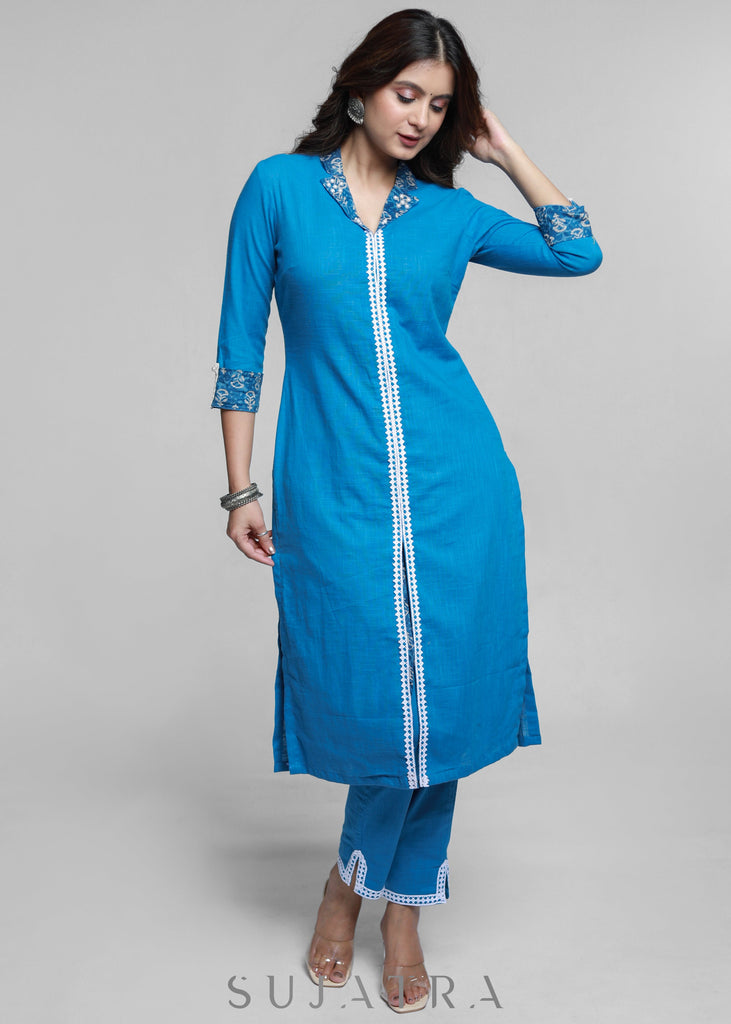 Powder Blue Colour Cotton Laced Kurta-Pant Optional
