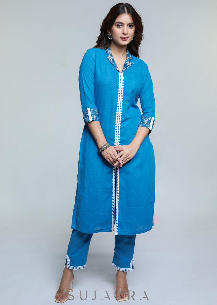 Powder Blue Colour Cotton Laced Kurta-Pant Optional