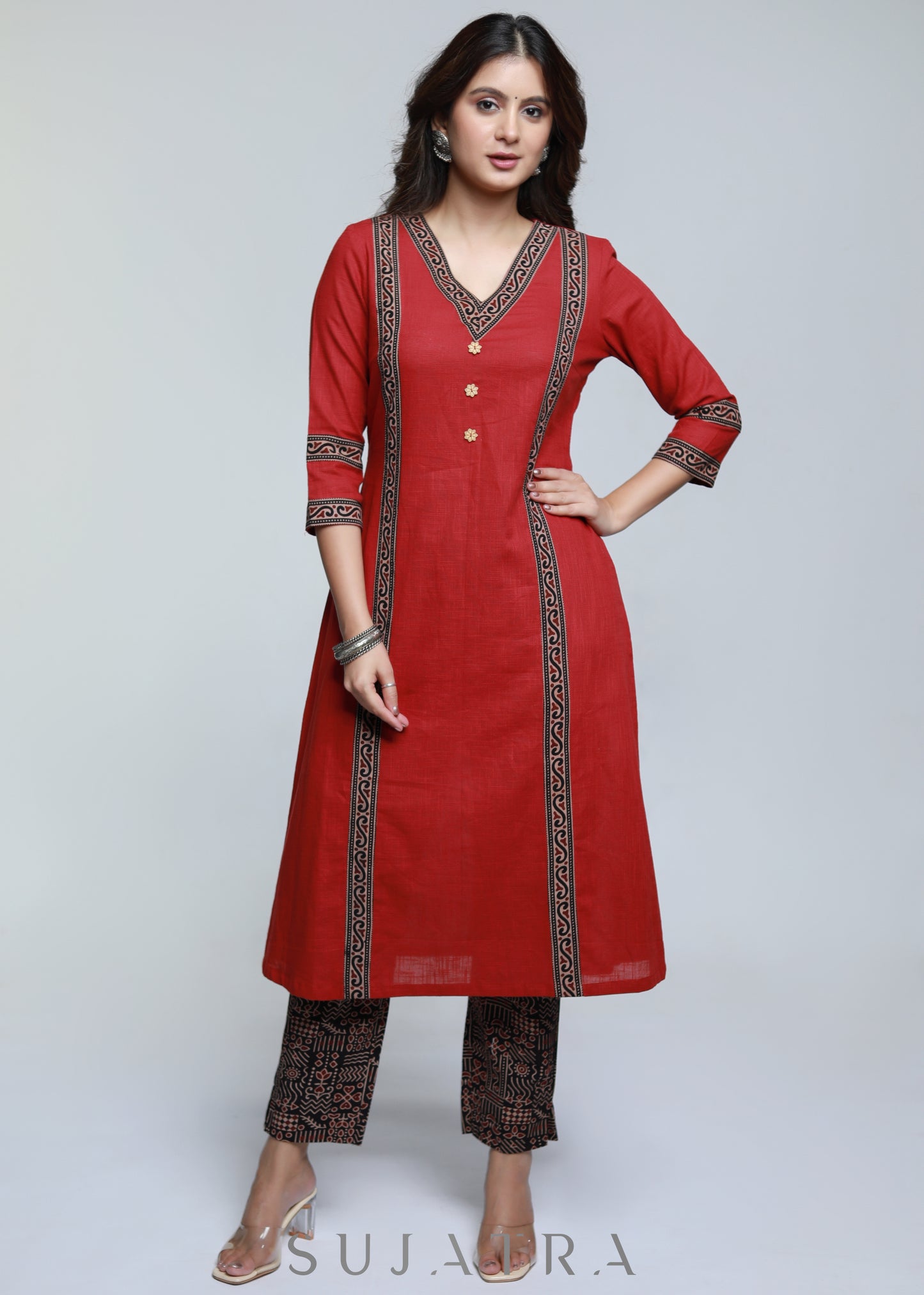 Maroon Cotton Kurta with Ajrakh Combination-Pant Optional