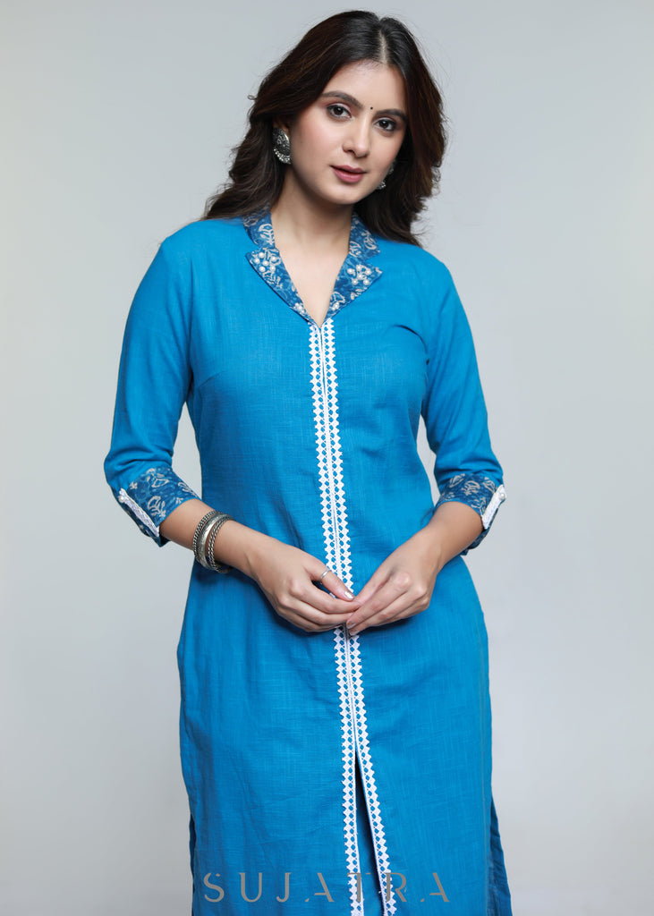 Powder Blue Colour Cotton Laced Kurta-Pant Optional