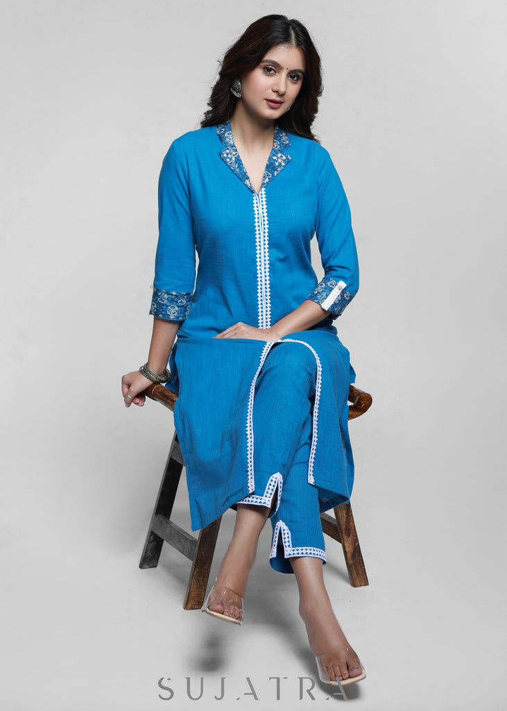 Powder Blue Colour Cotton Laced Kurta-Pant Optional